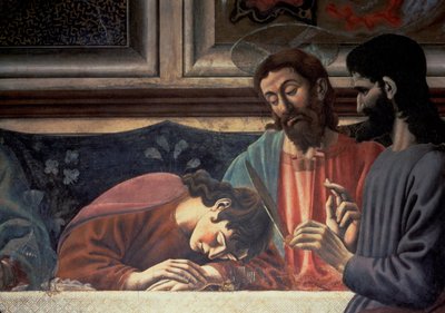 最後の晩餐、ユダ、キリストと聖ヨハネの詳細、1447年のフレスコ画85172の詳細 作： Andrea del Castagno
