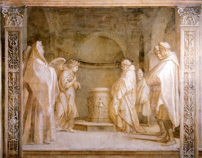 ザカリヤに子供の誕生を告げる天使、アンドレア・デル・サルト（1486-1530）作「処女の物語」の詳細、モノクロのフレスコ画、フィレンツェ、スカルツォの回廊 作： Andrea del Sarto