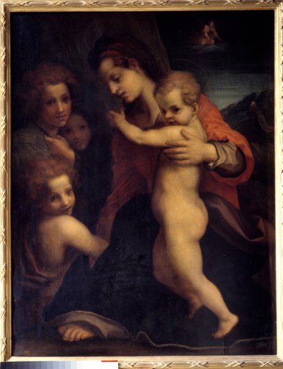 聖母、幼いイエス、聖ヨハネと二人の天使 アンドレア・デル・サルト（1486-1531）の絵画 16世紀 日の丸1,06x0,79m マドリード、プラド美術館 作： Andrea del Sarto