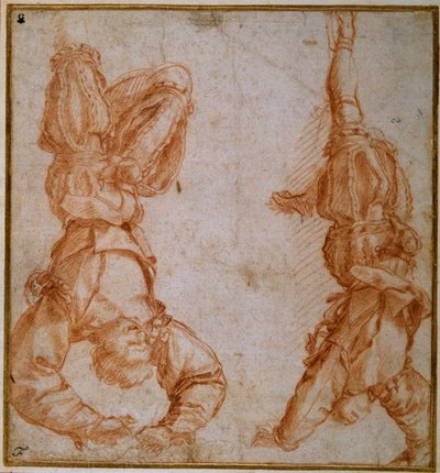 左足を吊られた男性の習作2点（クリーム色の紙に赤チョーク 作： Andrea del Sarto