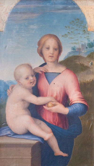 聖母子（木に油彩） 作： Andrea del Sarto