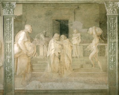 アンドレア・デル・サルト（1486-1530）作「聖母物語」より「エリザベートへの聖母の訪問」詳細、モノクロのフレスコ画、フィレンツェ、スカルツォの回廊 作： Andrea del Sarto