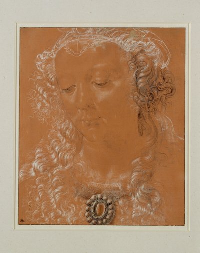 女性の頭、目を伏せ、わずかに左を向いている......。 作： Andrea del Verrocchio