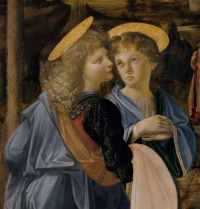 ヴェロッキオらレオナルド、キリストのバプテスマからの天使 作： Andrea del Verrocchio