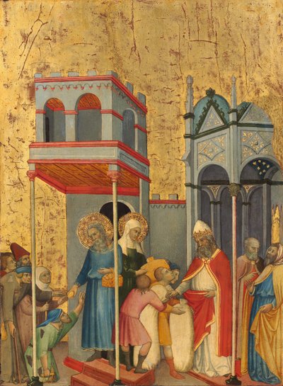 ヨアヒムとアンナが貧しい人々に食べ物を与え、神殿に供え物をする、c. 14001405。 作： Andrea di Bartolo