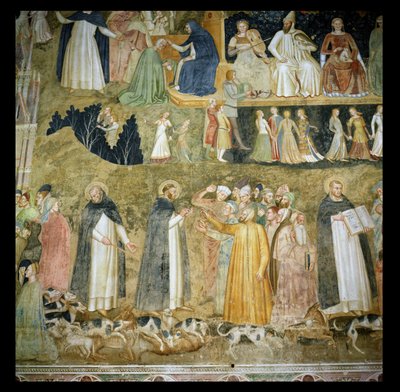 聖ドミニコは、主の猟犬を送り、聖ペテロ殉教者と聖トーマスアクィナス、1369年頃 作： Andrea di Bonaiuto