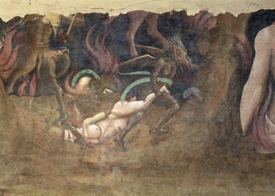 死の勝利、罪人を地獄に運び去る悪魔の詳細、1348フレスコ画 作： Andrea di Cione Orcagna