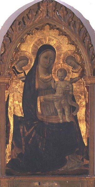 聖母子と二人の天使」（パネルにテンペラ 作： Andrea di Giusto Manzini