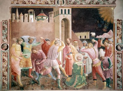 聖ステファノの石打ち刑 アンドレア・ディ・ジュスト（1424～1450年頃活躍）のフレスコ画 1430～1450年 プラートのカテドラーレ、アスンタ・プラートの礼拝堂 イタリア 作： Andrea di Giusto Manzini