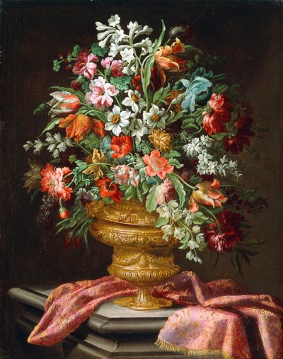 ドレープされた石の台座にある彫刻が施された壺の花 作： Andrea the Elder Scacciati
