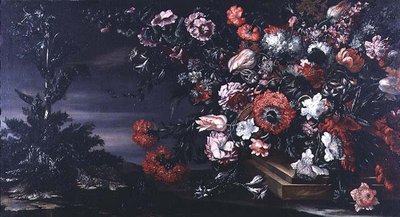 石の花瓶に生けた花の静物画 作： Andrea the Elder Scacciati