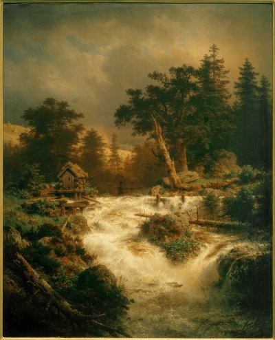 A.アーヘンバッハ、虹のある北欧の滝 作： Andreas Achenbach