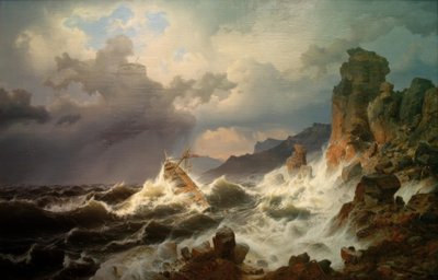 ノルウェーの海岸の海の嵐 作： Andreas Achenbach