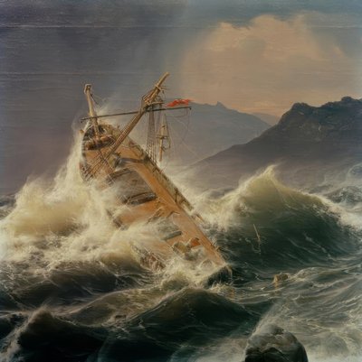 ノルウェーの海岸の海の嵐 作： Andreas Achenbach