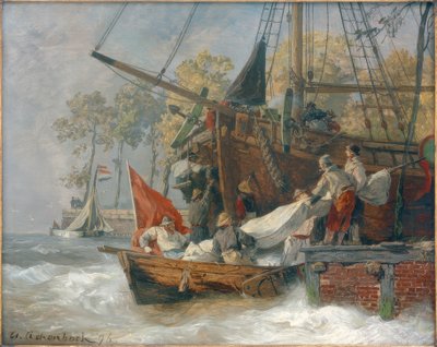 荒波の中のハーバーエントランス 作： Andreas Achenbach