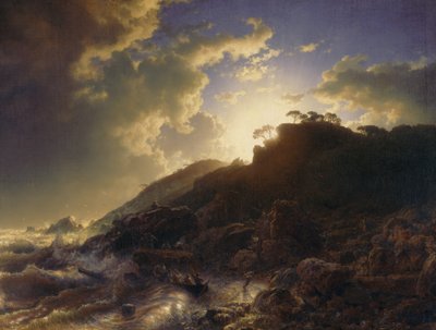 1853年、シチリア海岸の嵐の後の日没。 作： Andreas Achenbach