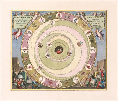 ギリシャの天文学者アラトゥスの宇宙モデルを示す1660年の天体図 作： アンドリュー・セラリウス