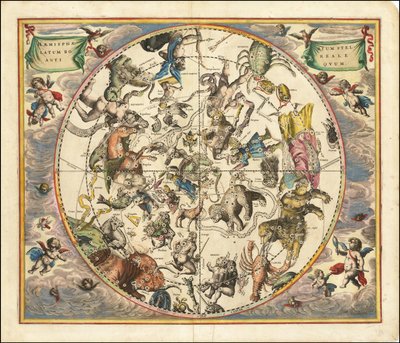地球の南半球に北半球の星座を重ねた1660年の天球図 作： アンドリュー・セラリウス