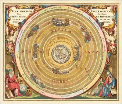 1660年に描かれたクラウディウス・プトレマイオスの地動説的宇宙モデル。 作： アンドリュー・セラリウス