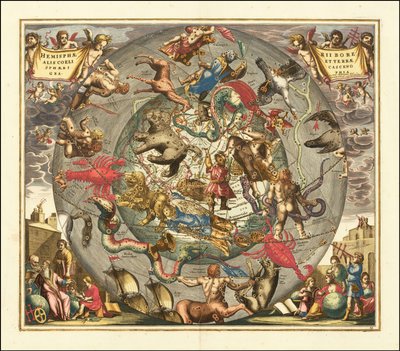 1708年の天球図 - Haemisphaerii Borealis Coeli et Terrae Sphaeri Cascenographia 作： アンドリュー・セラリウス