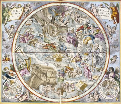 The Celestial Atlas、またはThe Harmony of the Universe atlas coelestis seu harmonia macrocosmica pubのJulius Schillerが描いたキリスト教星座の地図。 Joannes Janssonius、Amste 作： Andreas Cellarius