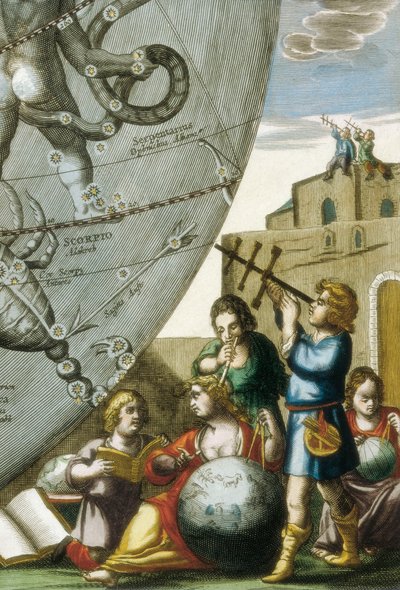 地球儀や天球図を調べる科学者（占星術師や天文学者）（Andreas Cellarius（1596-1665）のAtlas Coelestis seu Harmonia Macrocosmicaより 作： Andreas Cellarius
