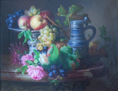 ドイツ語：水差しと花と果物 作： Andreas Lach