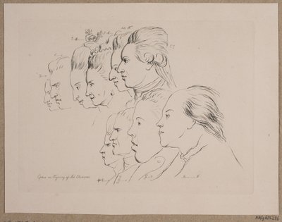 10 人の肖像画: エネヴォルド ブラント、ヨハン フリードリヒ ストルーエンゼー、キャロライン マチルド、ジュリアン マリー、フレデリック公子、クリスティアン 7 世、マリー ジャンヌ クレメンス、J. F. クレメンス、イェンス ユエル、ニコライ アビルガード 作： Andreas Peter Madsen