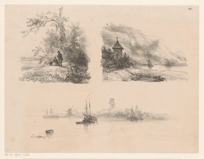 森の中の人物、山岳海岸沿いの川、水上のボート 作： Andreas Schelfhout