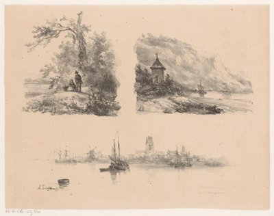 森の中の人物、山岳海岸沿いの川、水上のボート 作： Andreas Schelfhout
