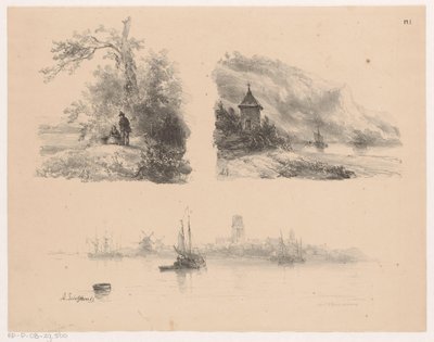 森の中の人物、山岳海岸沿いの川、水上のボート 作： Andreas Schelfhout