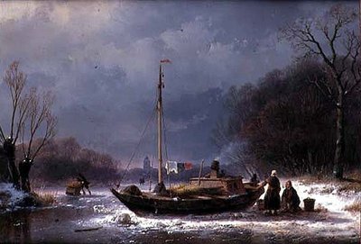 凍った川に浮かぶボートのそばにいる農民たち（油彩・キャンバス 作： Andreas Schelfhout