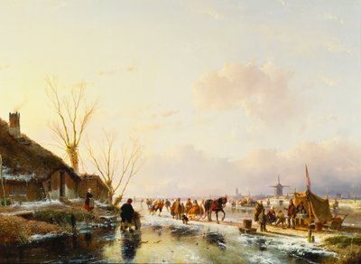 凍った川のブースでのスケーター、1850 作： Andreas Schelfhout