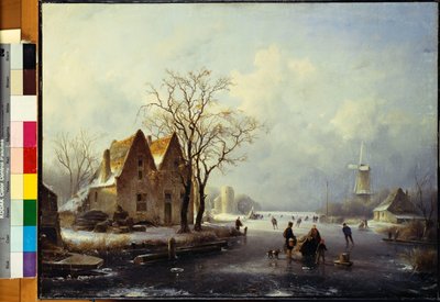凍った冬の風景の中のスケーター 作： Andreas Schelfhout