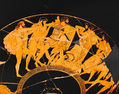 トロイアの英雄たちは、殺されたアキレスの武器と鎧を奪い合う...。 作： アンドレアス・シェルフハウト