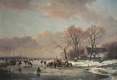 多数のスケーターがいる冬の川の風景 作： Andreas Schelfhout