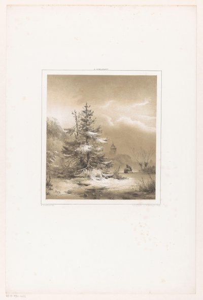 針葉樹とそりを持つ男の冬の風景 作： Andreas Schelfhout