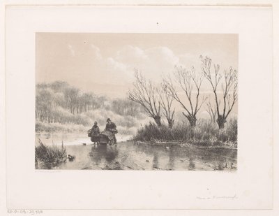 氷の上に 2 人の人物がいる冬の風景 作： Andreas Schelfhout