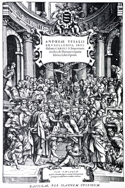 人体デバイスプレート3、1555の第2版のタイトルページ 作： Andreas Vesalius