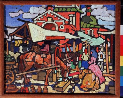 市場。 Andrei Ivanovich Dmitriev (1893-1921) による絵画。 キャンバスに油彩 作： Andrei Ivanovich Dmitriev