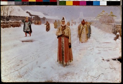 日曜（サンデー）。 冬、モスクワ大公国の雪道で、古いロシアの混乱した時代 (16 ～ 17 世紀) に、男性と女性が伝統的な衣装を着て教会から戻ってきました。 アンドレの絵 作： Andrei Petrovich Ryabushkin