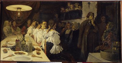 ノヴゴロド州の教会から新郎新婦の帰りを待っています。 Andrei Petrovich Ryabushkin（Riabutchkin）（1861-1904）による絵画、キャンバスに油彩 作： Andrei Petrovich Ryabushkin