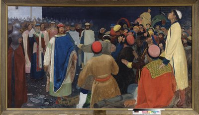 プリンス グレブ スヴィアトスラヴィッチ (1079 年に死亡) は、ノヴゴロドの veche で volkhve (スラブの占い師の魔術師) を殺します。 Andrei Petrovich Ryabushkin（Riabutchkin）（1861-1904）による絵画、キャンバスに油彩 作： Andrei Petrovich Ryabushkin