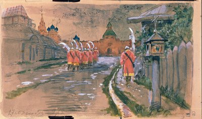 旧モスクワのイリンスキー門で街頭パトロール。 Andrei Petrovich Ryabushkin (Riaboutchkine) (1861-1904) の作品、紙に水彩 作： Andrei Petrovich Ryabushkin