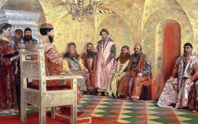 1893年に彼の部屋にボイヤーズが座っている皇帝ミハイルフョードロビッチ（1596-1645） 作： Andrei Petrovich Ryabushkin