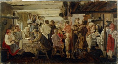 タンボフ地方 (ロシア) での農民の結婚式。 （タンボフ地方の農民の結婚式）。 Andrei Petrovich Ryabushkin (Riaboutchkine) (1861-1904) による絵画、キャンバスに油彩、1880 年頃。19 世紀のロシアの芸術。 国立トレチャコフ美術館、モスクワ。 作： Andrei Petrovich Ryabushkin