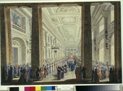 ロシアの女帝エカテリーナ 2 世 (1729-1796) がトルコ大使に敬意を表してサンクトペテルブルクの冬宮殿で行ったパーティー (トルコ大使を称えるレセプション)。 アンドレイ・ヴォロニキン (1759-1814) の作品 作： Andrei Voronikhine