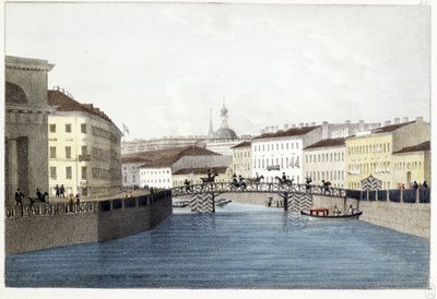 Le pont Bolshoi Koniushennyi a Saint Petersburg. (サンクトペテルブルクのボリショイ コニシェニー橋)。 Lithographie et aquarelle de Andrei Yefimovich Martynov (1768-1826) 作： Andrei Yefimovich Martynov