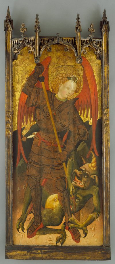 聖ミカエル、ドラゴンと戦う、1400年頃（パネル上のテンペラ） 作： Andres Marcal de Sas