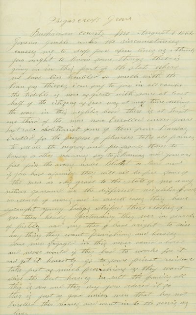 1862年8月1日、Mo州Buchanan CountyのAndrew BrownlowがGamble［Hamilton R. Gamble］知事に宛てた署名入りの手紙。 作： Andrew Brownlow